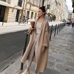 BNWT Beige Long Herringbone Knit Cardigan – Oversized Open Front, Wool Blend